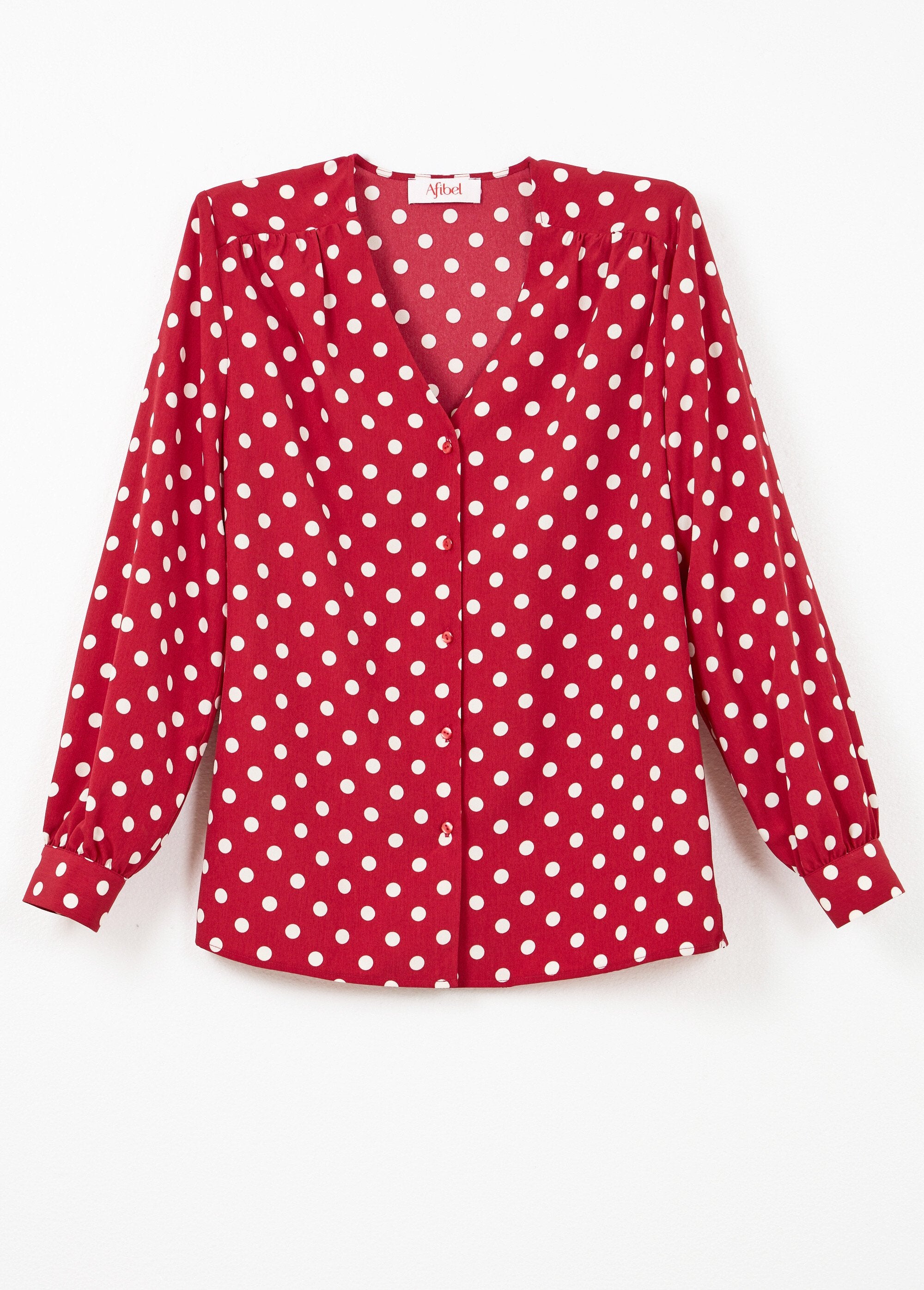 Long_sleeve_polka_dot_print_V-neck_blouse_Bordeaux_and_ecru_AP1_slim