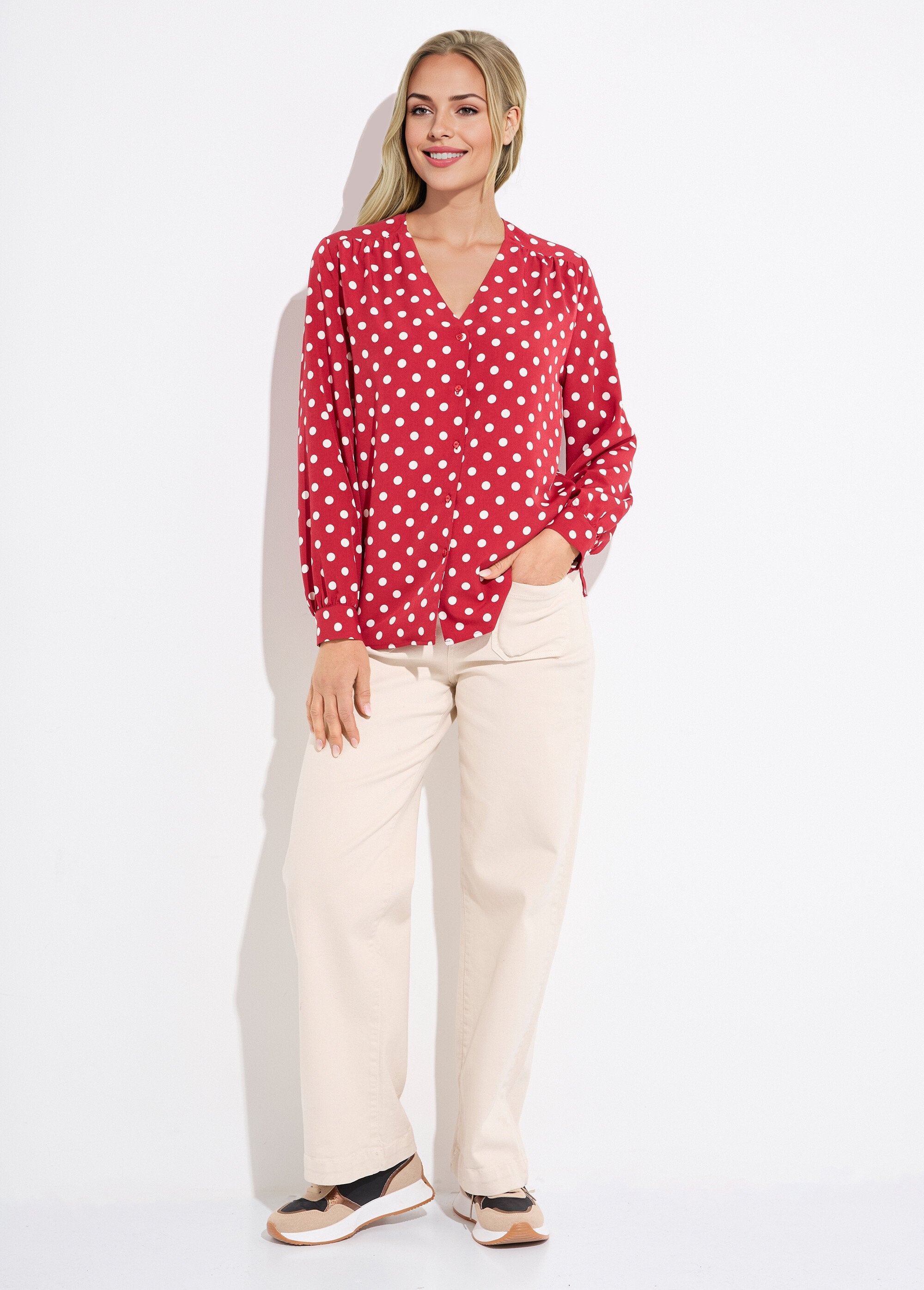 Long_sleeve_polka_dot_print_V-neck_blouse_Bordeaux_and_ecru_SF1_slim