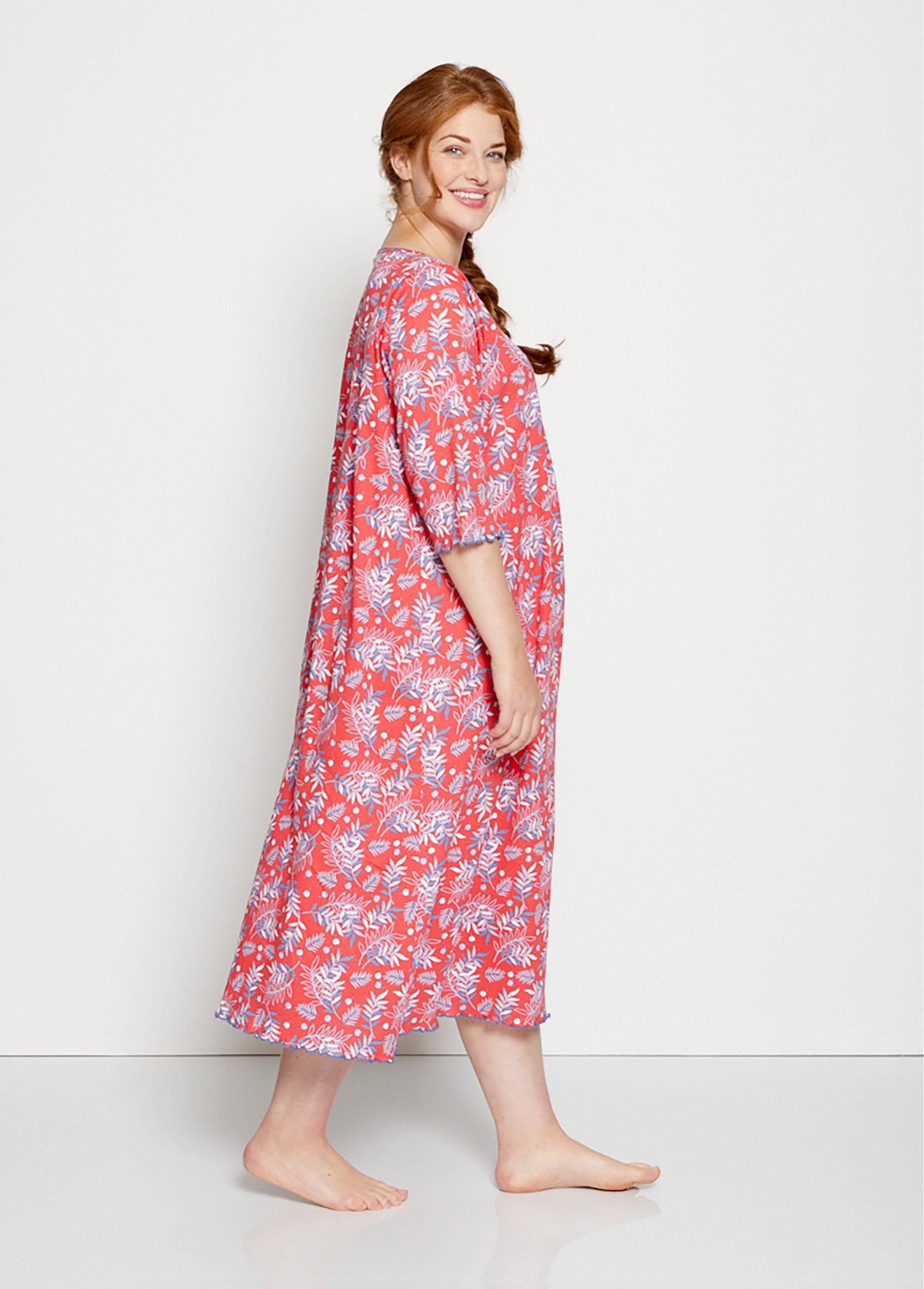 Long_3/4_sleeve_printed_cotton_nightgown_Red_background_DR1_curvy