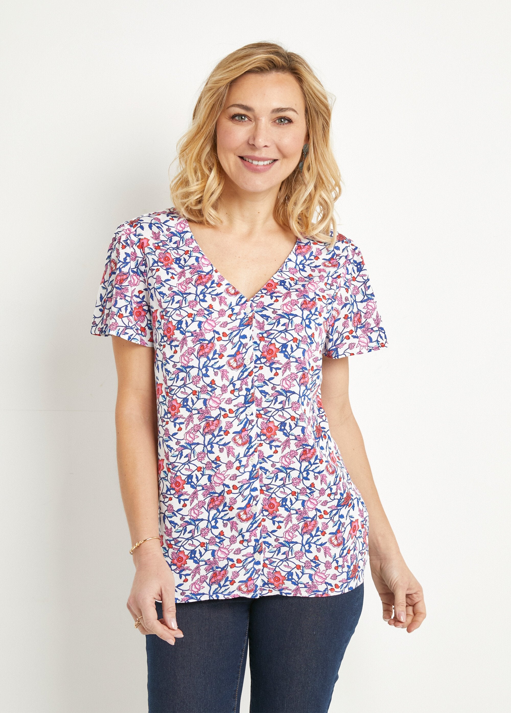 Short-sleeved_V-neck_floral_blouse_Blue_and_pink_FA1_slim