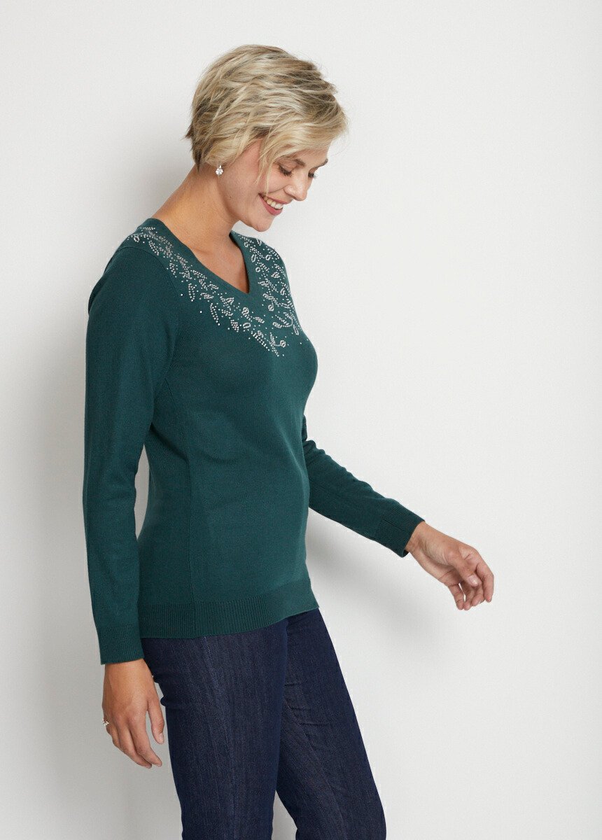 Long-sleeved_rhinestone_V-neck_sweater_Pine_green_DR1_slim