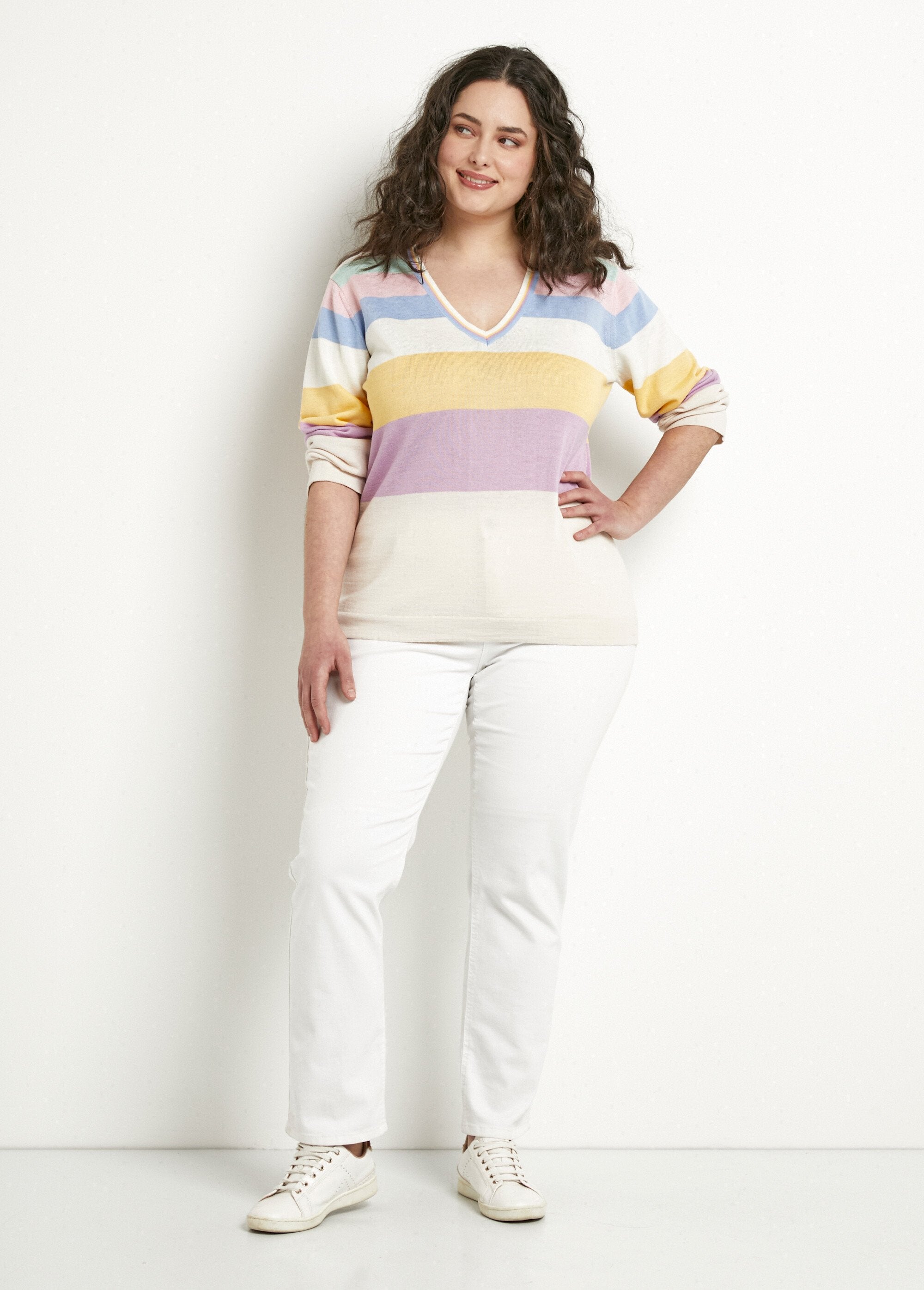 Soft_striped_V-neck_merino_wool_sweater_Multicolor_SF1_curvy