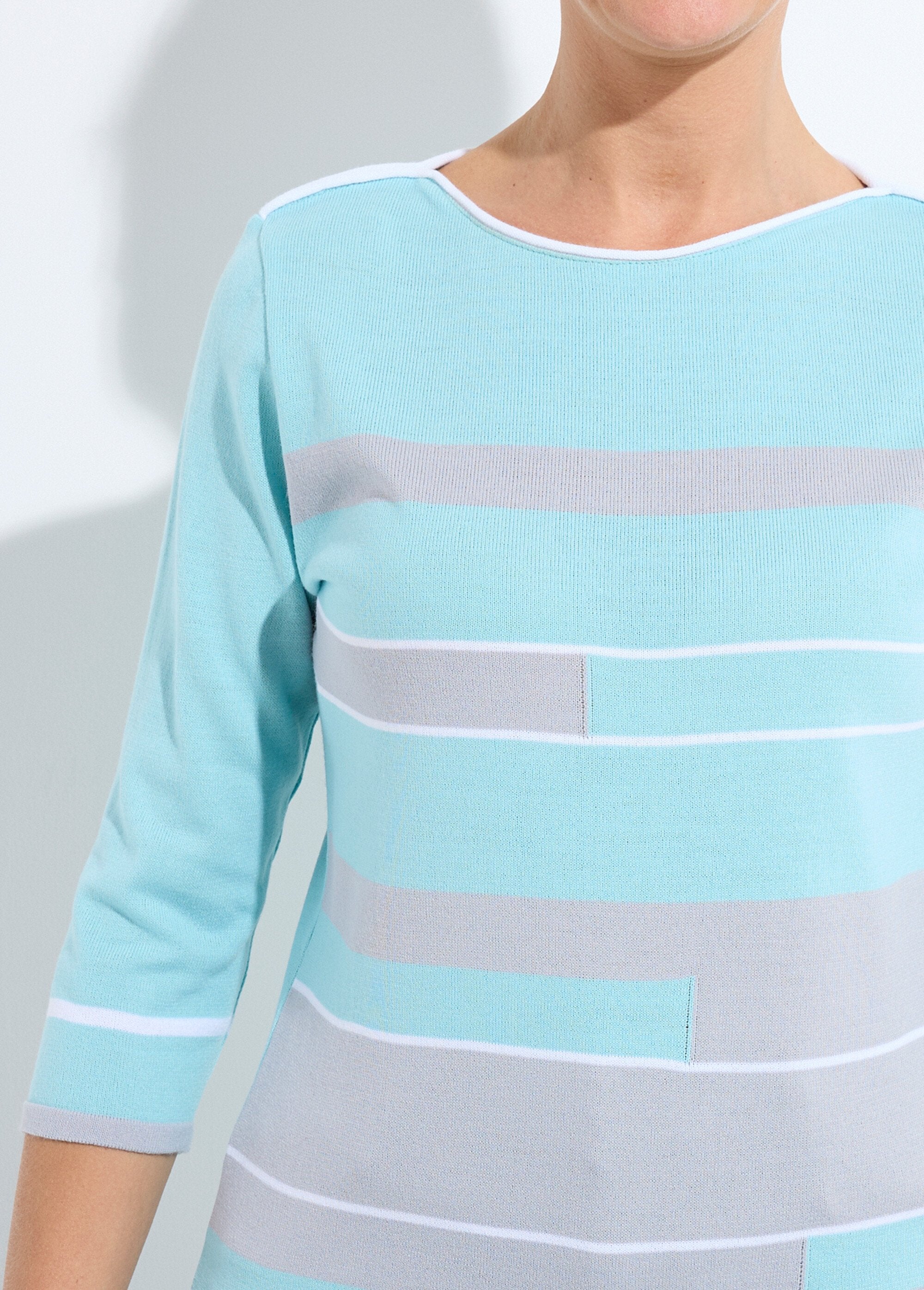 3/4_sleeve_boat_neck_sweater_with_striped_jacquard_front_Aqua_and_grey_DE1_slim