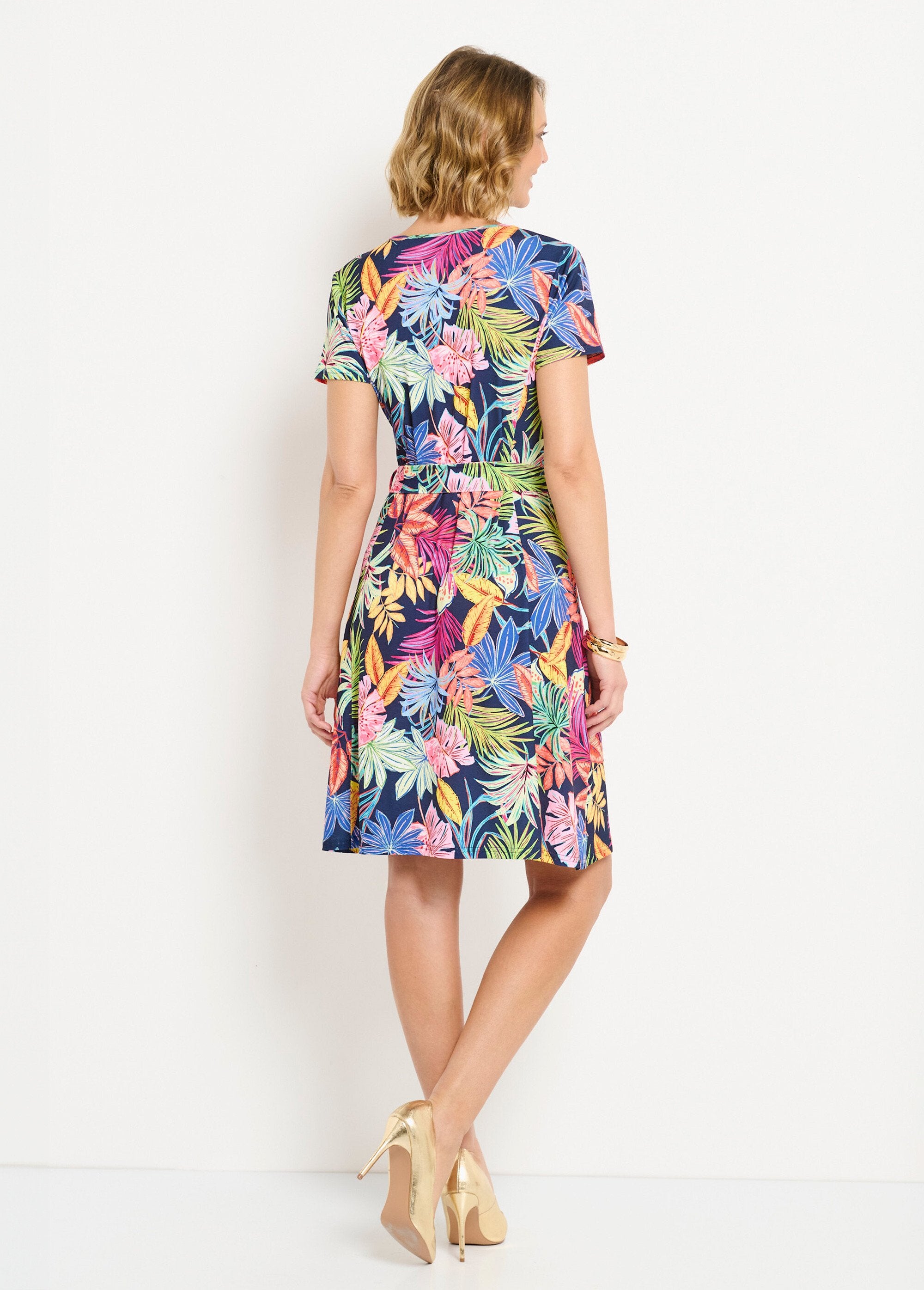 Robe_col_V_courte_évasée_imprimé_feuilles_Marine_et_rose_DO1_slim