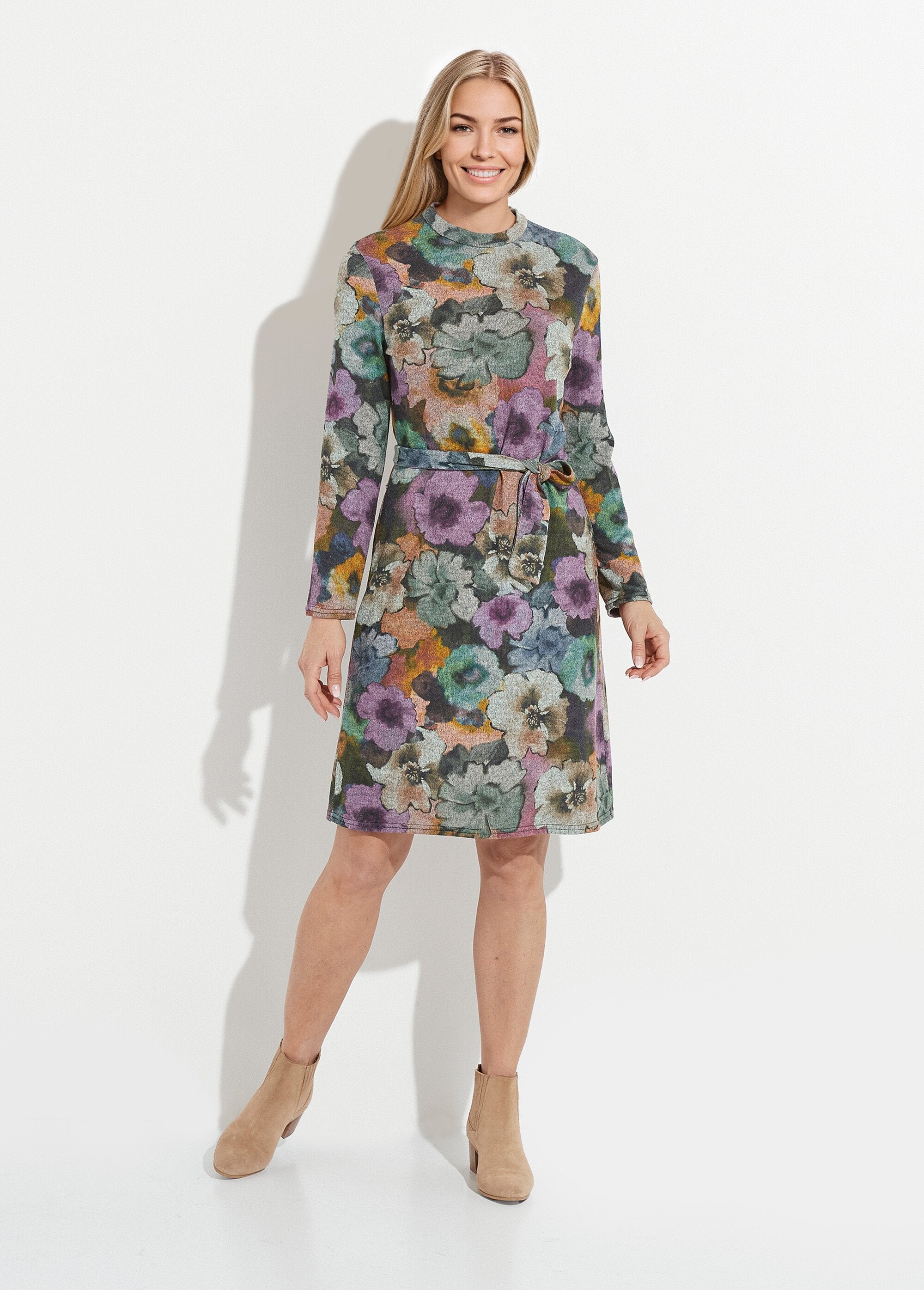 Belted_straight_printed_dress_with_high_neck_warm_knit_Gris_et_parme_FA1_slim