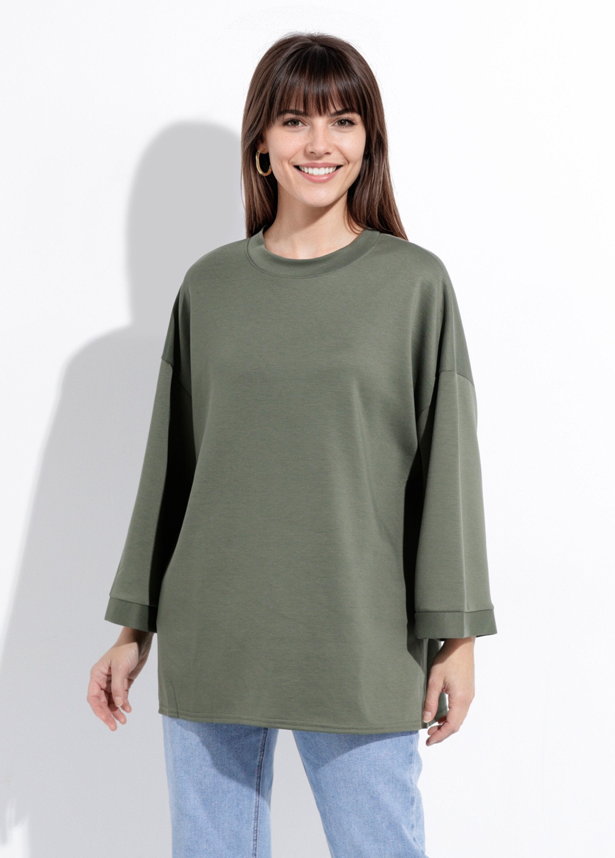 Wide_round_neck_sweatshirt,_3/4_sleeves_Khaki_FA1_slim