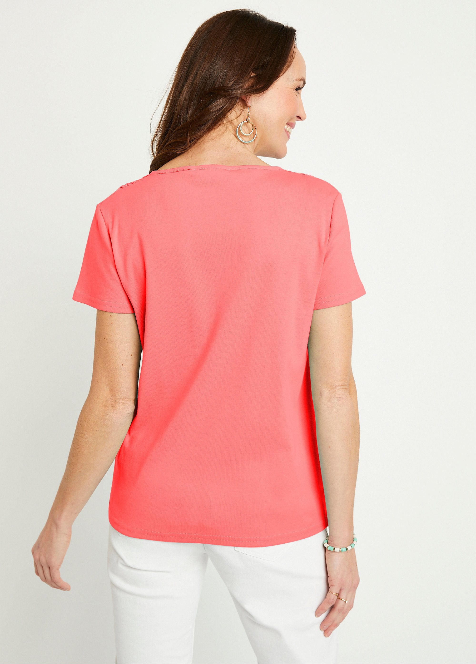 Short-sleeved_plain_cotton_macramé_t-shirt_Coral_DO1_slim