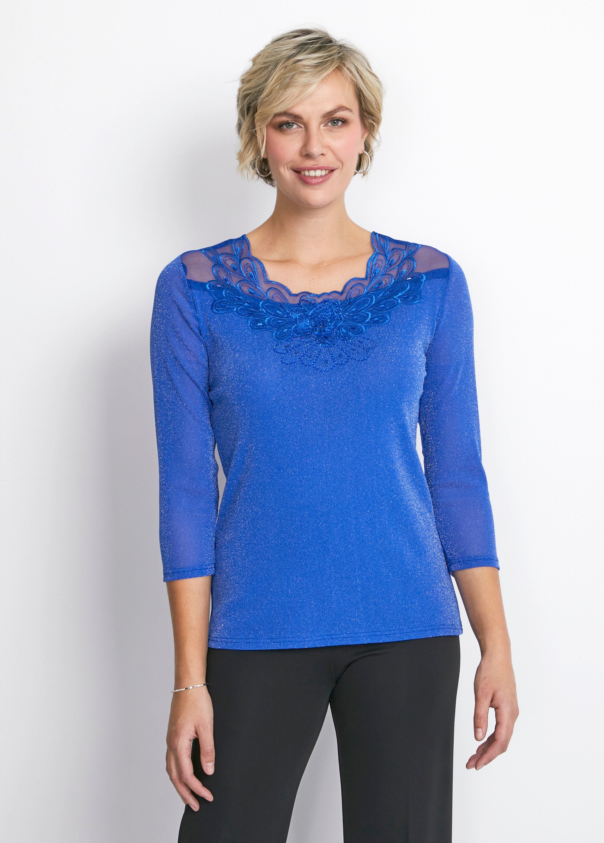 Shiny_embroidered_3/4_sleeve_t-shirt_Cobalt_blue_FA1_slim