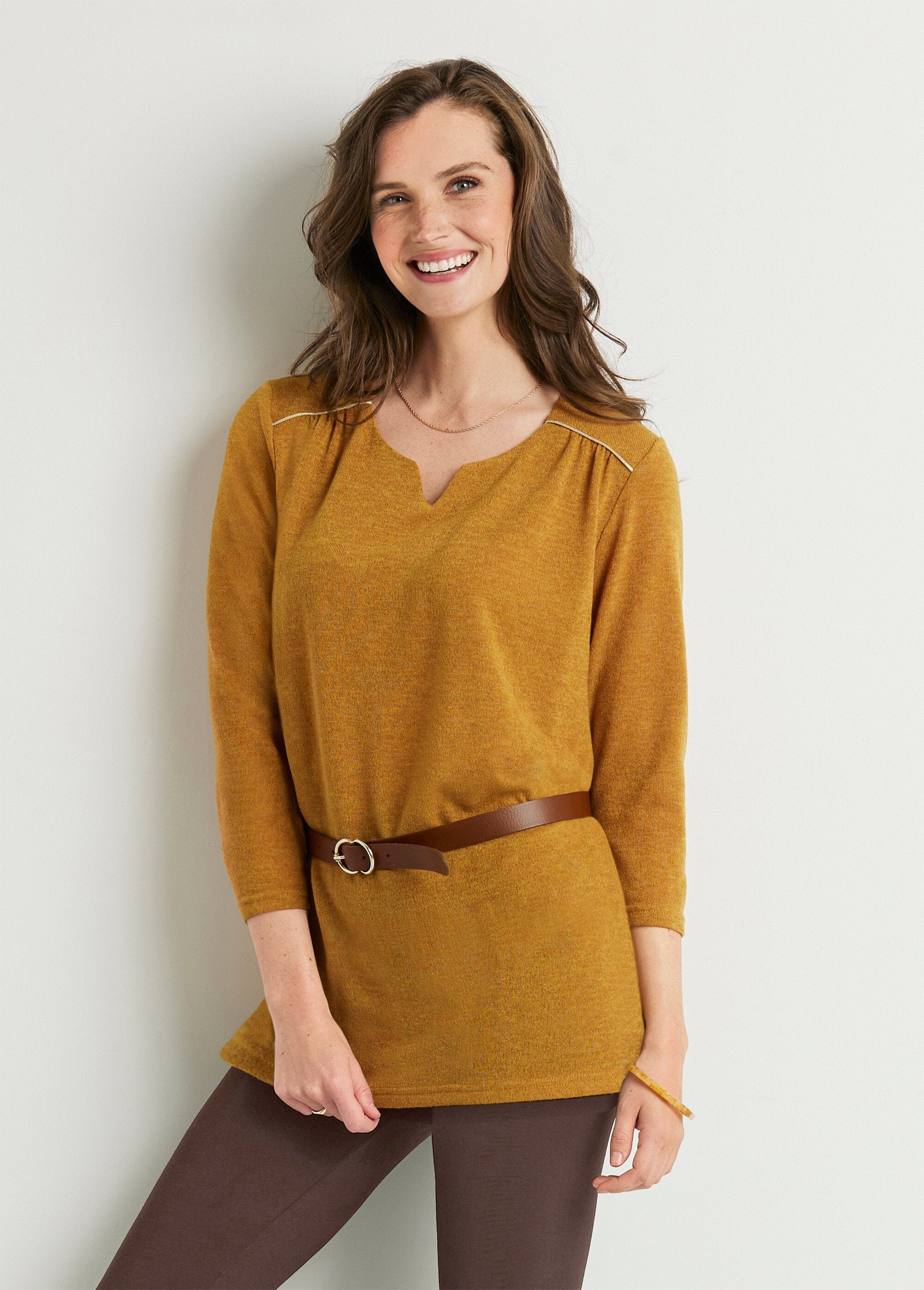 Long_flared_t-shirt_with_3/4_sleeves_and_round_neck_Plain_honey_FA1_slim