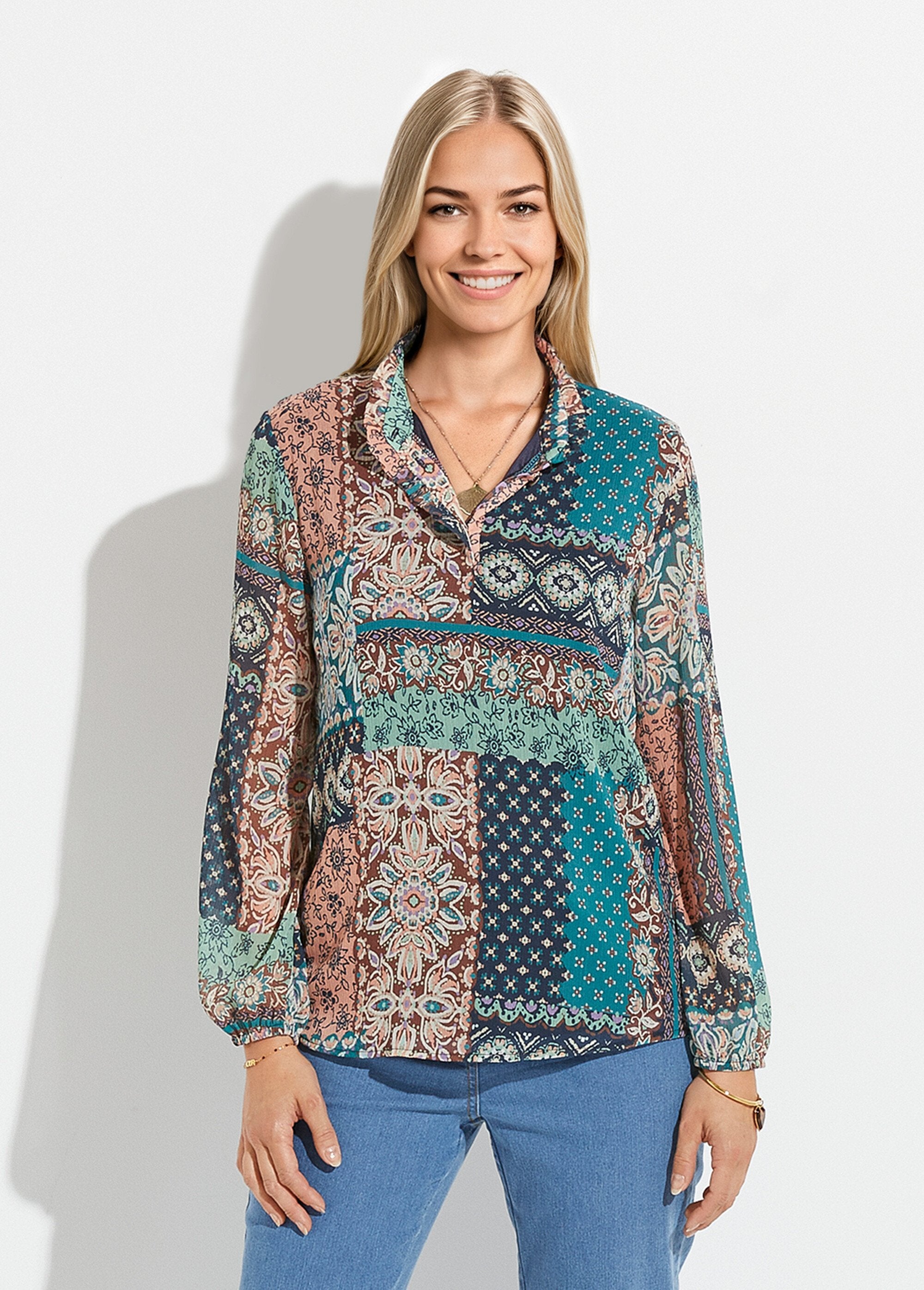 Tunic_with_ruffled_collar_in_crepe_voile_and_patchwork_print_Green_and_ecru_FA1_slim